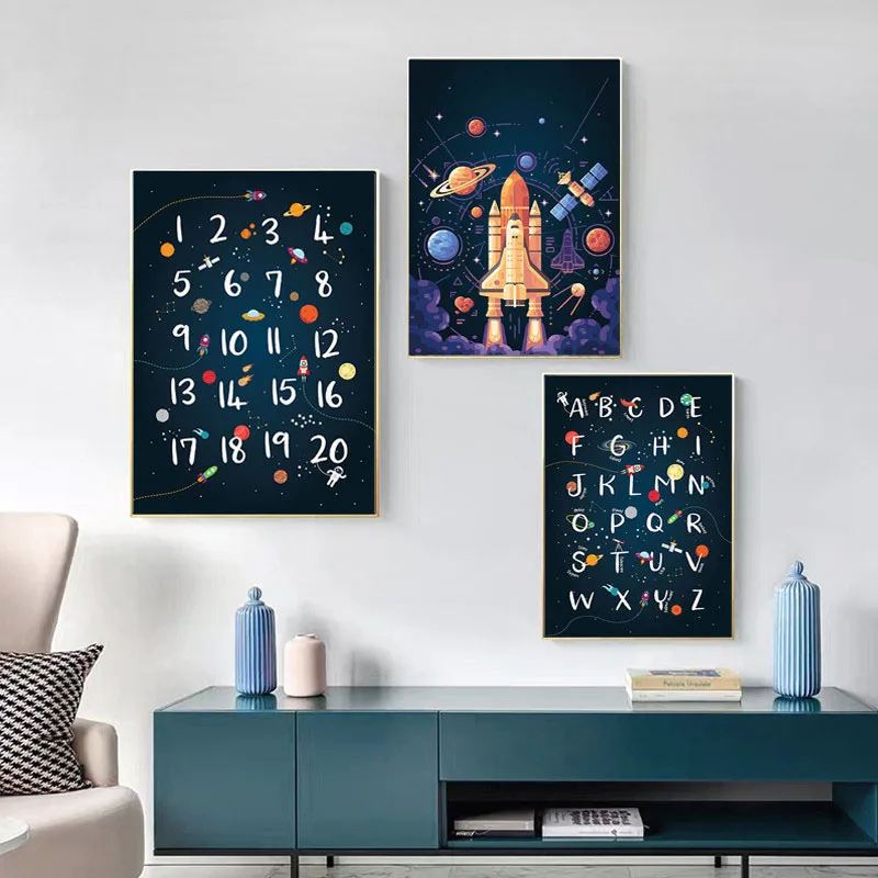 

Space Wall Art Kids Alphabet Print Quotes Posters Canvas Painting Boys Nursery Room Decoration Pictures Wall Decor Unframed