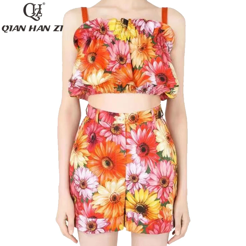 

Qian Han Zi high-end custom fashion summer cotton two piece set Women's Spaghetti Strap Sexy Short Top+ print shorts suit set