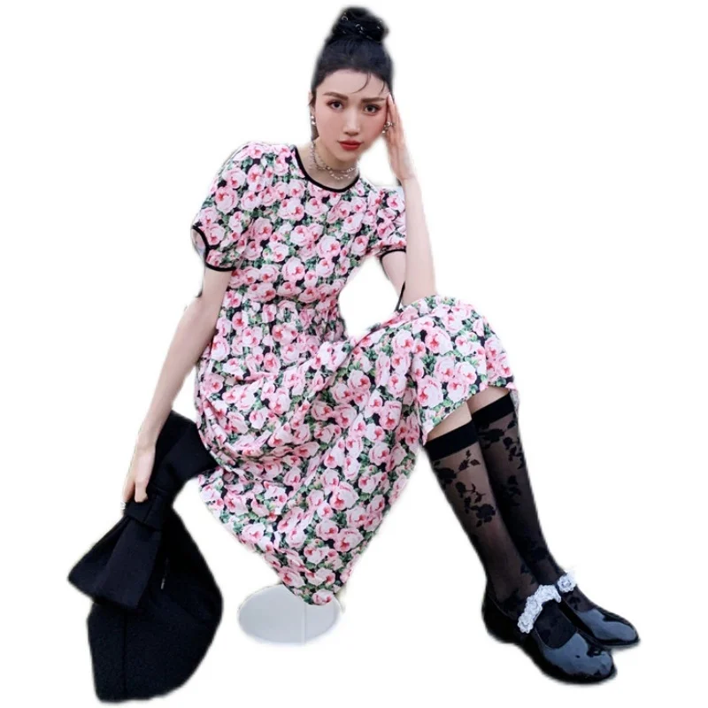 

LANMREM New Women Dress Oil Painting Bubble Sleeve Round Neck Flower Loose Temperament Fashion Tide Summer 2021 2H702