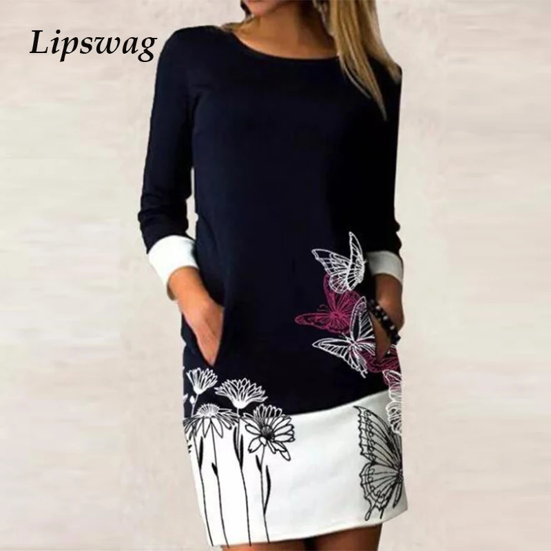

Elegant Women Floral Print Mini Dress 2021 Spring Casual Patchwork Long Sleeve Loose Dresses Ladies O-Neck Fashion Dress Vestido