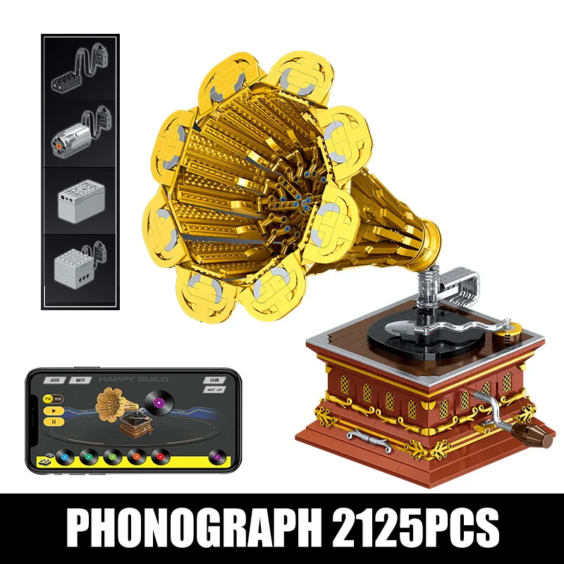 

Technical APP Bluetooth Record Player Toys the Classical Phonograph Model with Music Box Building Blocks Brick Gift For Children