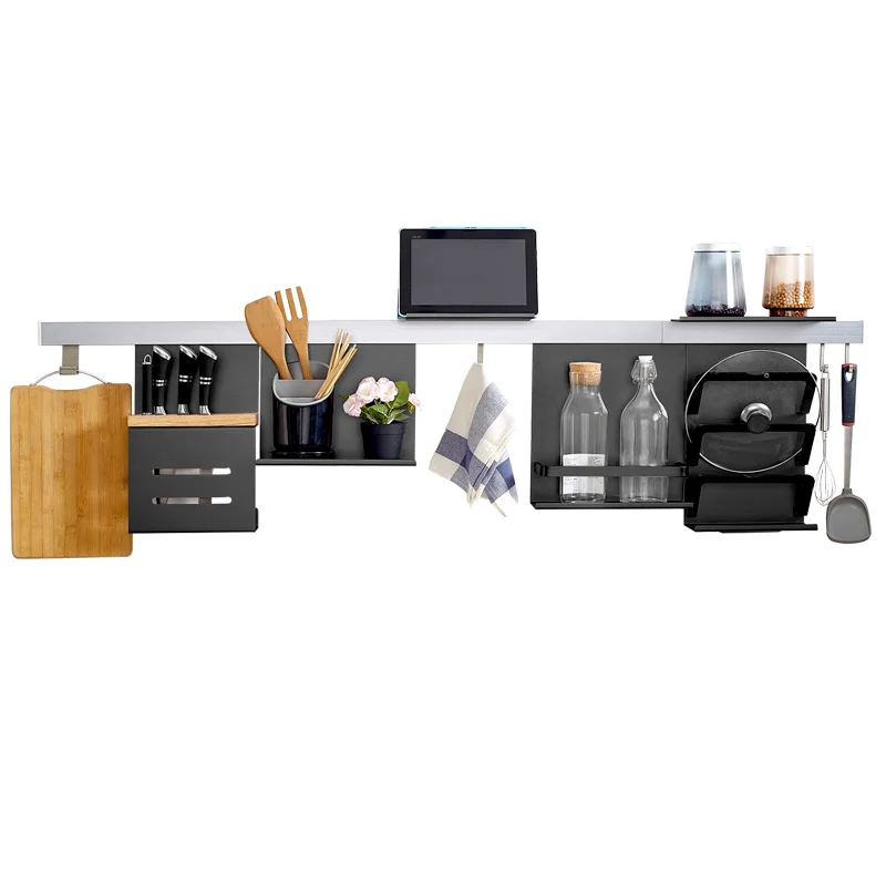 

Black Alumimum Wall-Mounted Kitchen Rack Wall-Mounted Knife Holder Kitchen Hanger Kitchen and Bathroom Hanging Rod Set