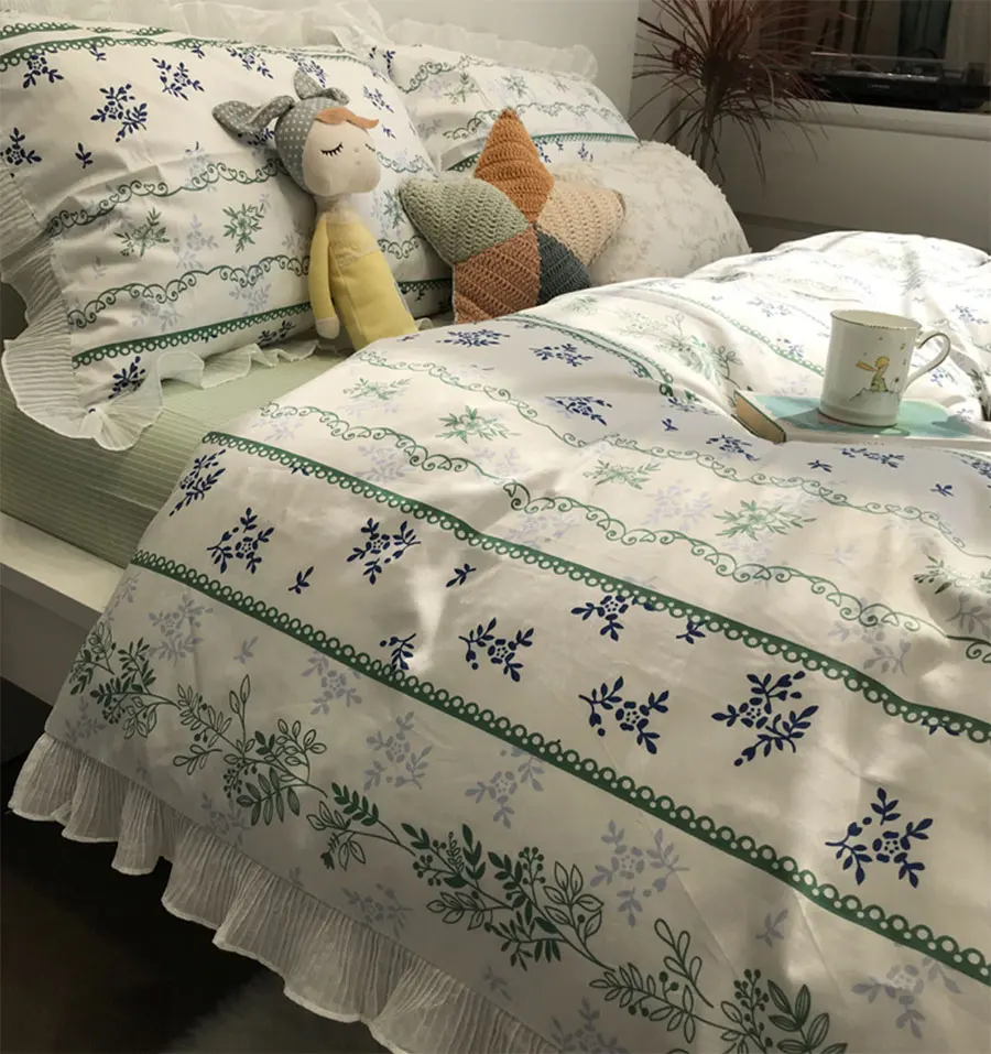 

Paatoral leaf green blue bedding set,american country cotton twin full queen home textile flat sheet pillow case duvet cover