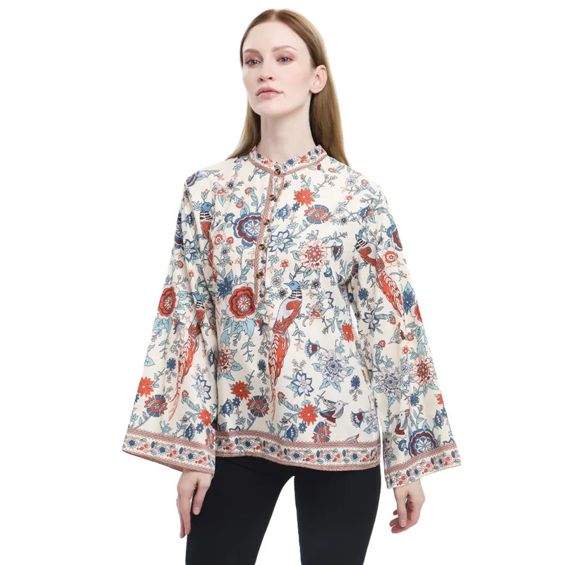 

Plus Size Autumn Chic Blouses Women Peacock Floral Print Long Sleeve Shirts Women Casual V-neck Boho Blouse Tops Female