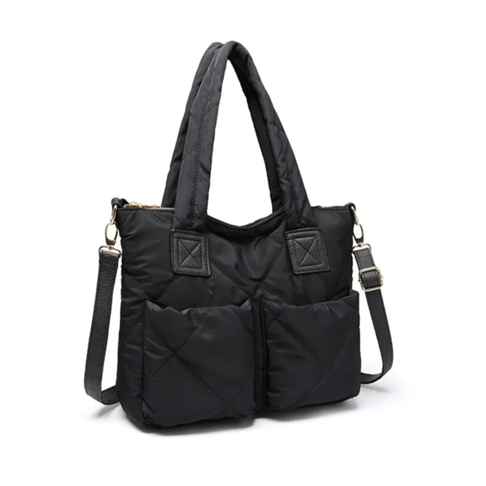 New Simple Ladies Shoulder Bag Solid Color Space Cotton Wild Mummy Bag Oxford Cloth Camouflage Printing Large Capacity Handbags - Color: black
