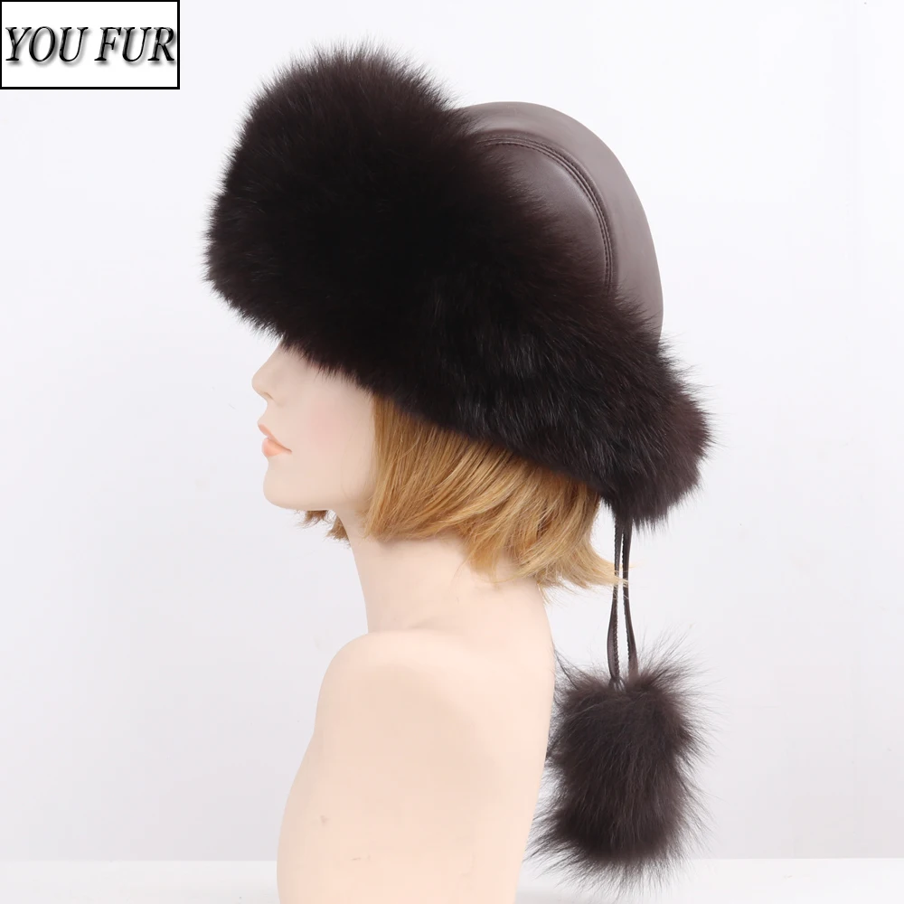 Женская уличная шапка бомбер из натурального Лисьего меха роскошная зимняя