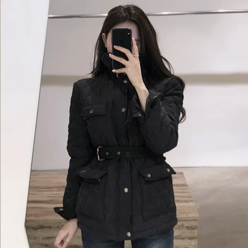 

Korean Chic Autumn and Winter Temperament Lapel Rhombic Embossed Design Single Breasted Multi Pocket Long Sleeve Cotton Jacket