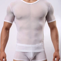 mens undershirts mesh breathable transparent gay underwear bodybuilding fitness slips homme shirts tee shorts sleeves t shirts