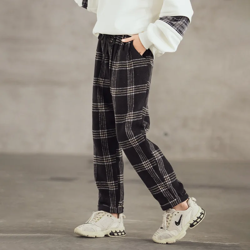 Штаны для девочек зимние плотные флисовые повседневные Клетчатые Шерстяные