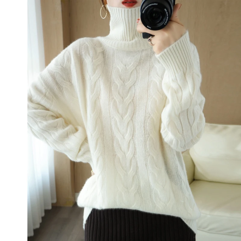 100% Pure Wool Cashmere Sweater Autumn/Winter 2021 New Woman High Neck Pullover Twist Slim Knit Tops Large Size Female Jacket