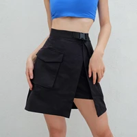 summer women high waist gothic black harajuku skirts female korean fashion skirts with plastic buckle belt hip hop streetwear