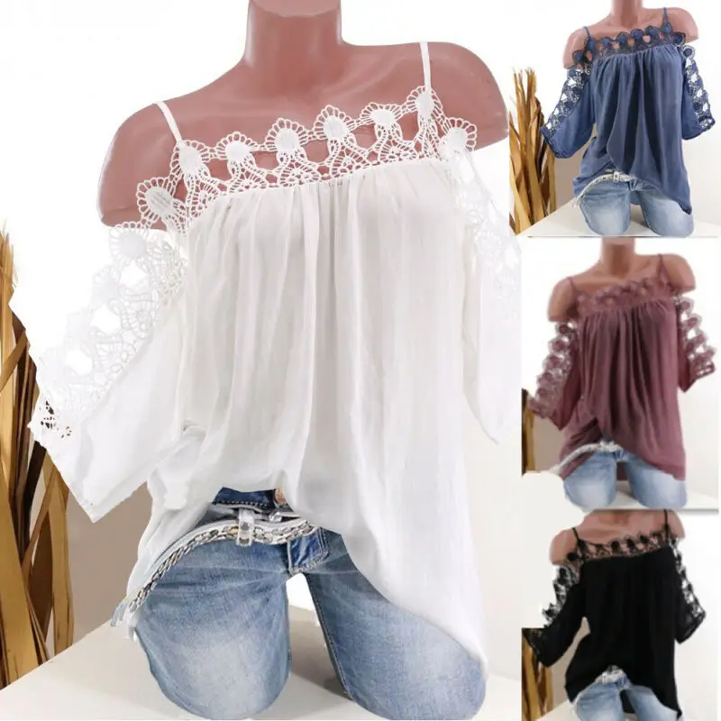 Женская Кружевная футболка с коротким рукавом Boho повседневная однотонная летняя