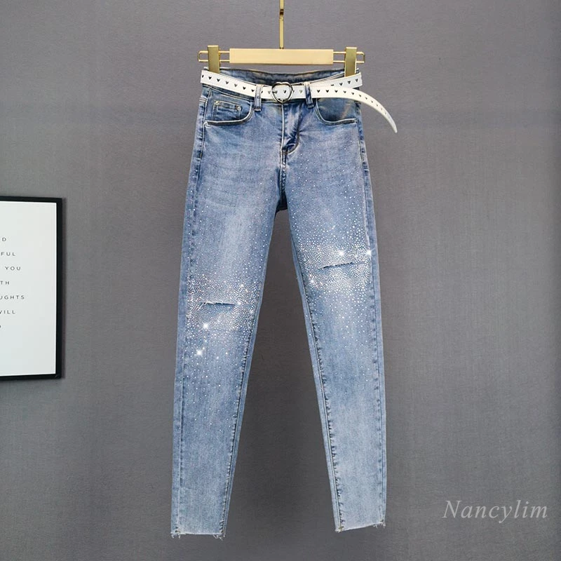 

Rhinestone Holed Jeans Women's 2021 Summer New High Waist Slim Fit Ripped Cropped Skinny Stretch Denim Pencil Pants Blue