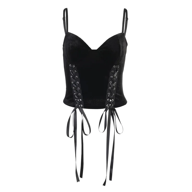 

InstaHot Sexy Bandage Button Cropped Top Corset Streetwear Tassel Strap Casual Velvet Top Women 2021 Summer Party Gothic Top