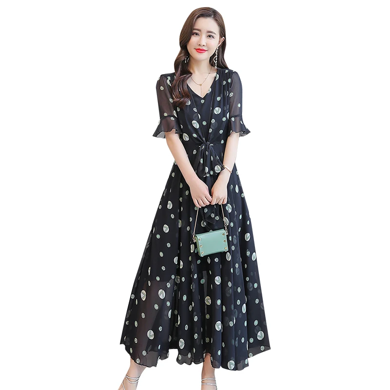 

Boho Summer Black Printed Slim Chiffon Dress Women Casual Fashion Beach Party Dress Elegant V-Neck Big Swing Dresses Vestidos