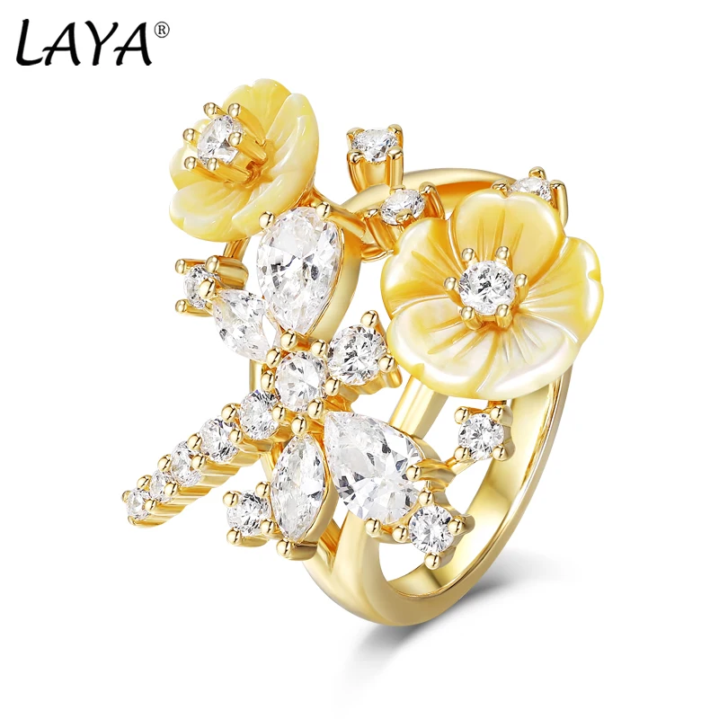 Laya 925 Sterling Silver Summer Hot Style High Quality Zircon Natural Shell Flower Dragonfly Ring For Women Luxury Jewelry