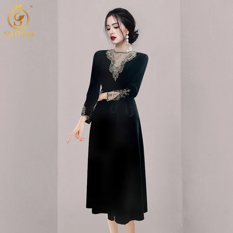 

SMTHMA New Fashion Autumn Women Black Patchwork Velvet Party Dress Ladies Elegant O-Neck Long Sleeve Lace Dresses Robe