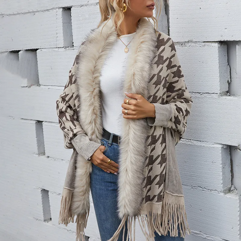 

Houndstooth Cardigan Women Elegant Knitted Sweater V Neck Knitwear Oversized Jumper Top Cardigans with Fur