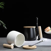 nordic style black white fat body coffee mug with wooden handle and spoon modern style office use water milk drinks ceramic cups