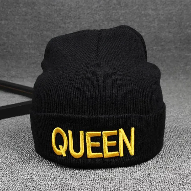 Женские зимние шапки King queen Beanies для женщин и мужчин, Осенние теплые вязаные шапки Skullies с вышитыми буквами, шапка в стиле хип-хоп, лыжная спортивная шапка