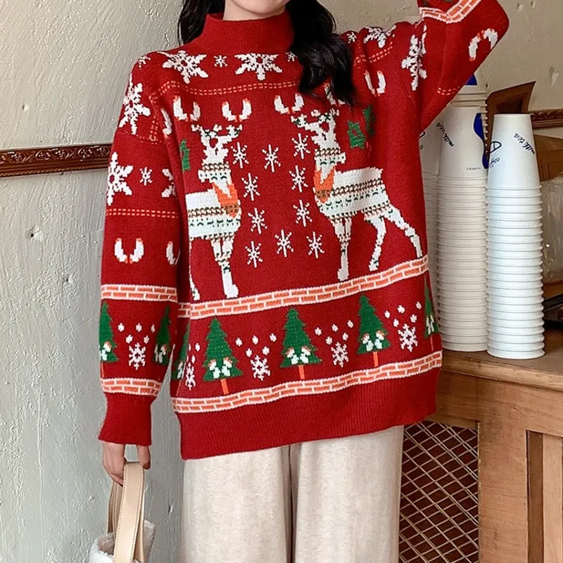 

2022 New Fashion Deer Snowflake Pattern Pullover Long Sleeve Red Knitted Sweater Ladies Christmas Sweater