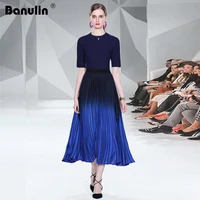 2022 spring summer runway knit 2 pieces skirt suit women summer blue sweater tops and gradient color chiffon pleated skirt set
