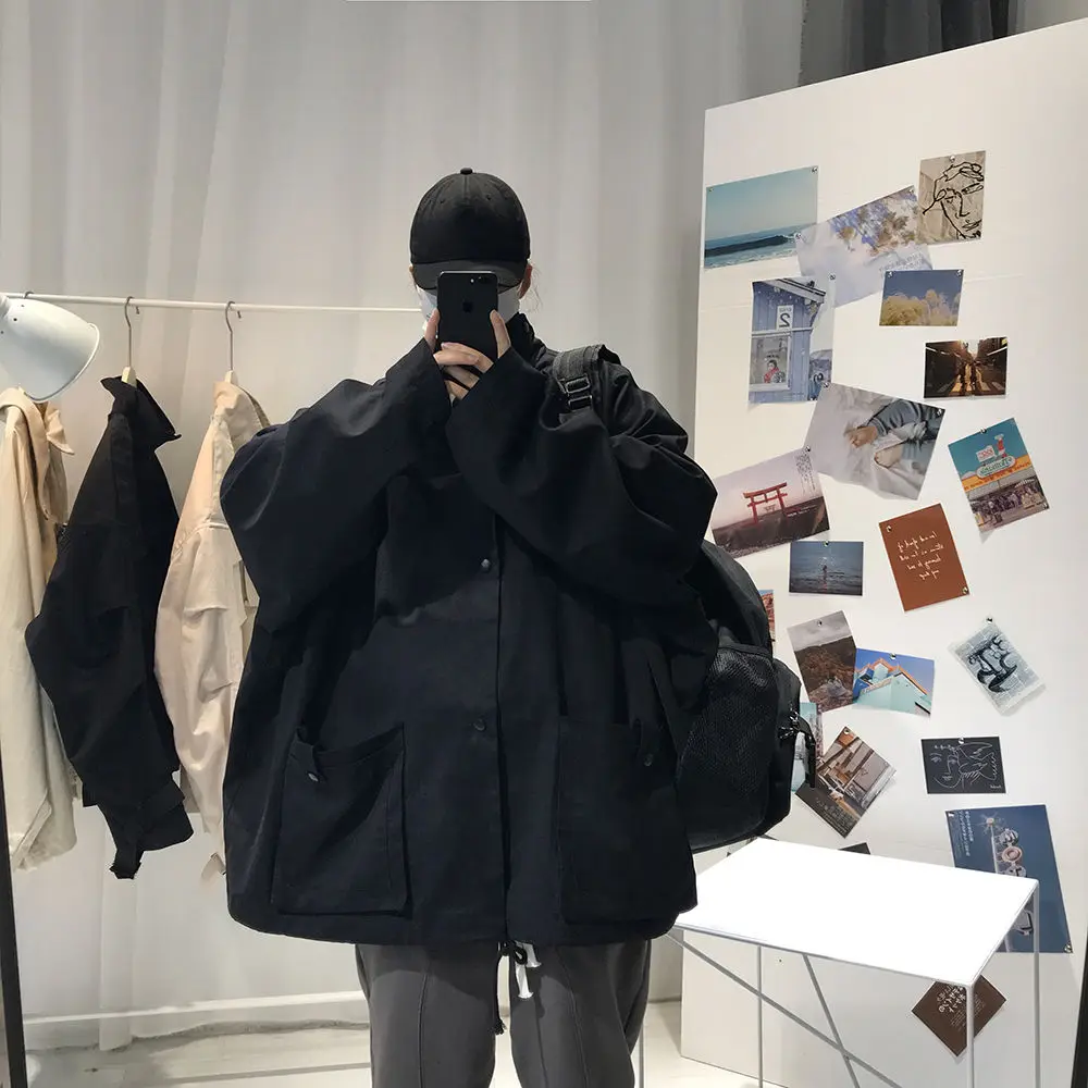 

2020 Men's Wide Bomber Streetwear Jacket Long Sleeve Student Coats Loose Lapel Collar Outerwear Black/Apricot Color Windbreaker