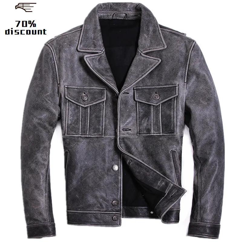 Мужская кожаная куртка с двумя карманами серая Осенняя приталенная из