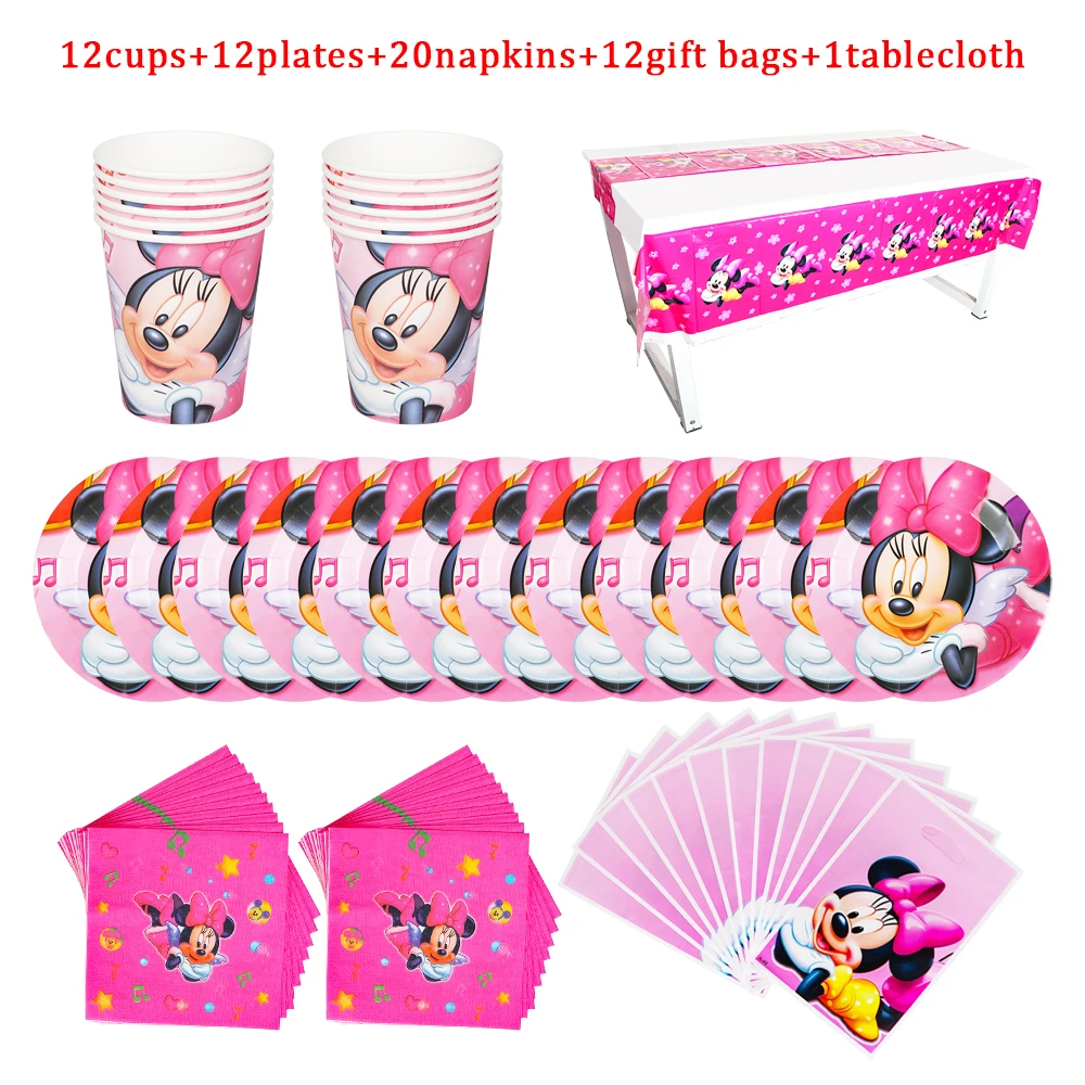 

Disney Birthday Theme Minnie Mouse Party Decorations Tableware Plate Cup Fork Spoon Napkin Tablecloth 57/36Pcs Girls Christening