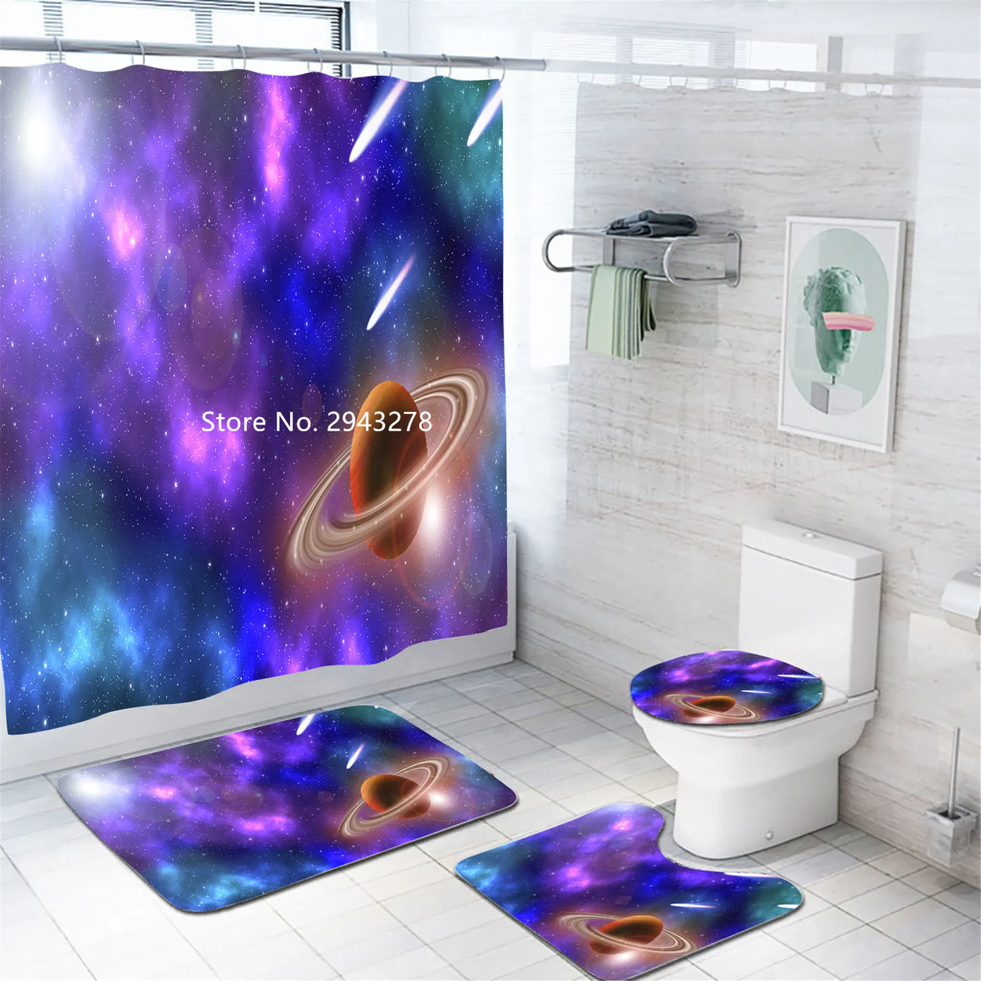 

Starry Sky Space Pattern Waterproof and Mildewproof Washable with Hook Shower Curtain Floor Mat Toilet Mat Bathroom Decoration
