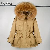lagabogy 2021 winter women white duck down jacket thick warm parkas female pocket hooded windproof loose coat real raccoon fur