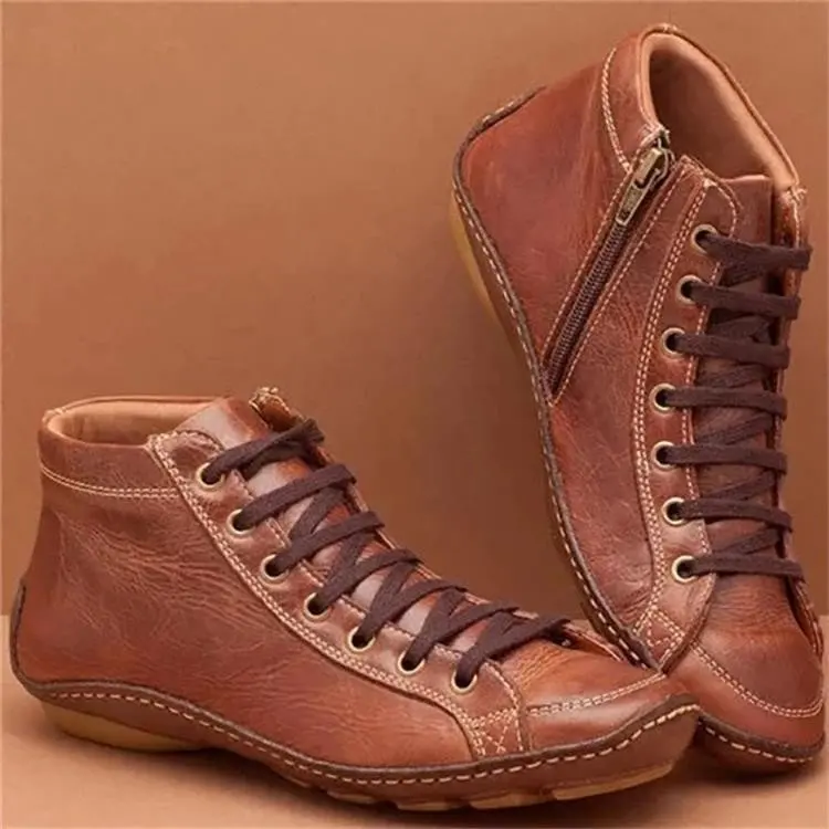 

Ladies 2021 New Winter Snow Boots PU Leather Ankle Boots Spring Flat Shoes Ladies Short Brown Lace-up Ladies Boots
