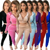 2021 women 2 piece velvet set hoodied crop top and stacked pants leggings outfits fall winter long sleeve tracksuit sweatsuit