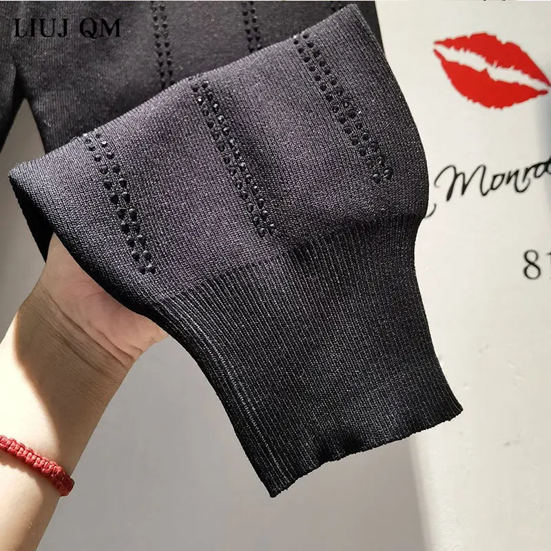 

2021 Spring Autumn New Street High Waist Knitted Fabric Diamond-Studded Black Pants Fashion Loose Plus Size Harem Pants Women