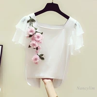 white cotton tshirt women summer new korean style sweet lace lotus leaf sleeve flower embroidery square neck crop top femme