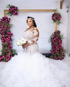South African Plus Size Wedding Dresses Lace Applique Court Train Mermaid Bridal Gowns Long Sleeve Robe De Mariee