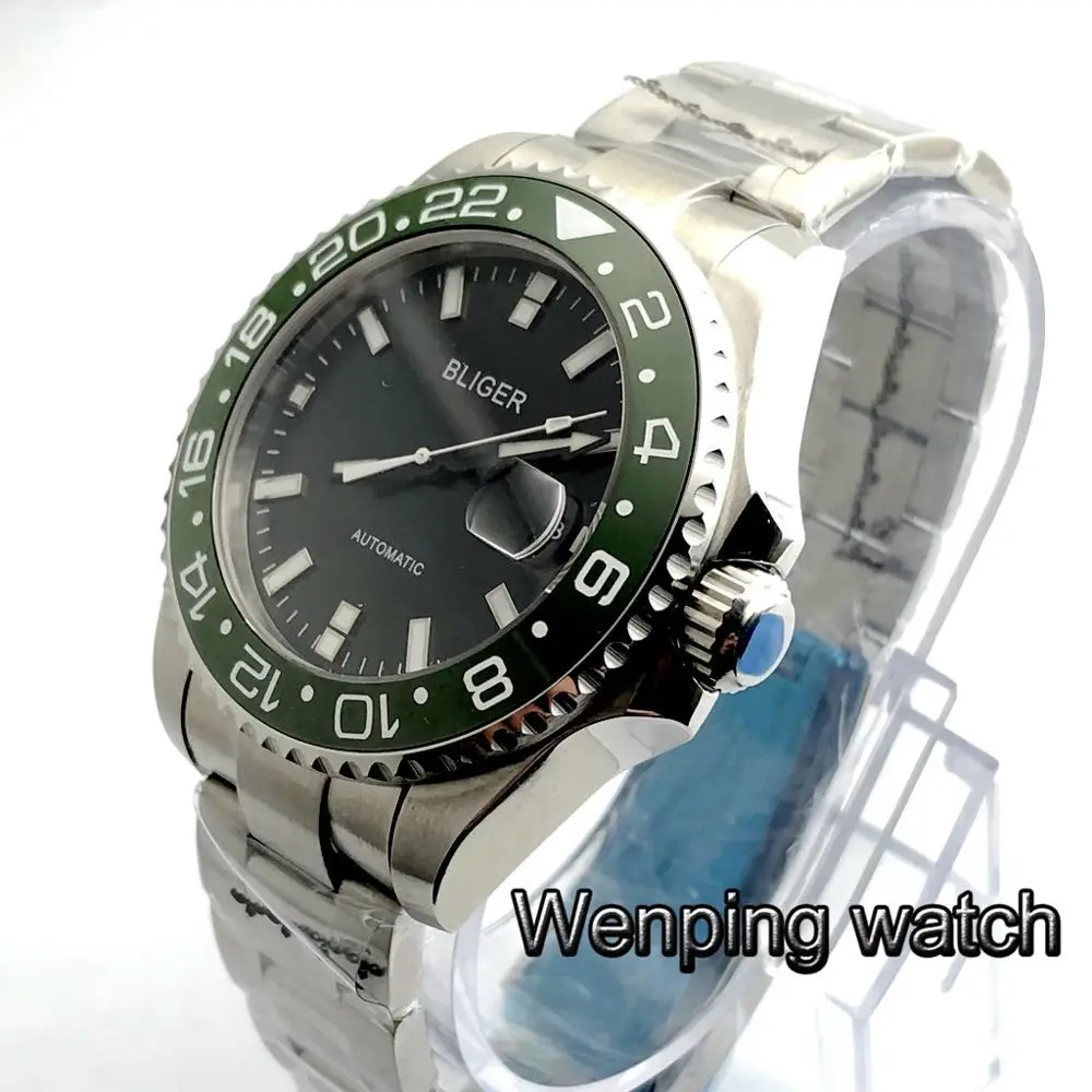 Bliger men's luxury mechanical watch 43mm Sapphire glass black dial luminous ceramic bezel date automatic waterproof gift | Наручные