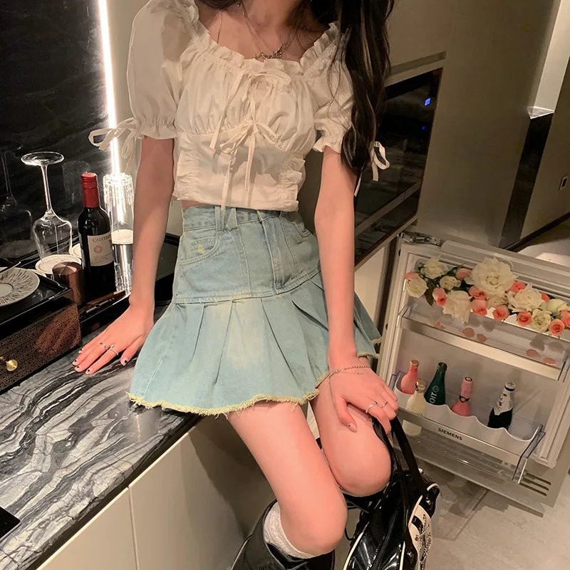 

Fashion Old Denim Sexy Skirt Female High Waist Slim Short Skirt 2021 Summer Temperament Raw Edge A-line Skirt Women's Clothing