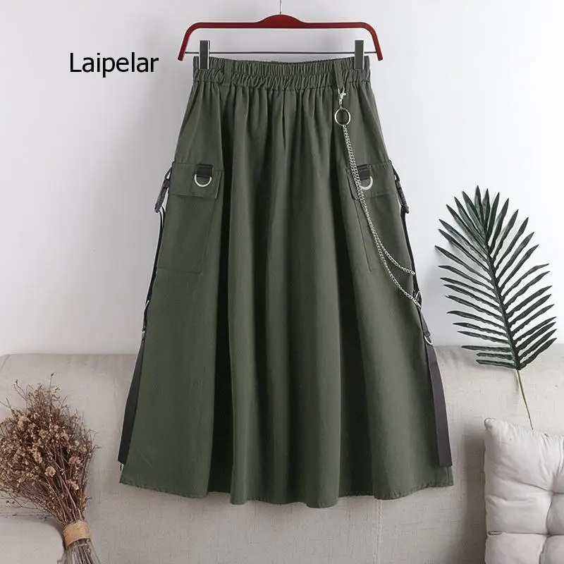 

2021 High Waist Loose A-Line Cargo Skiets Chain Side Ring Pocket Midi Long Black Skirt Korean Hip Hop Street Wear