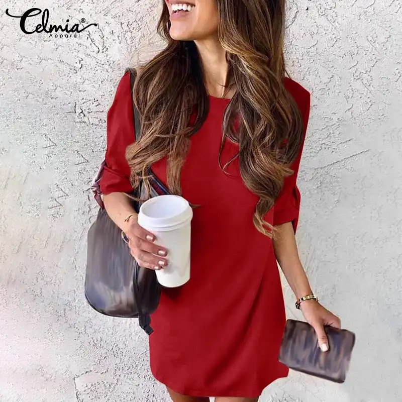 

Celmia 2022 летнее платье-рубашка, Модные Винтажные праздничные Платья-мини с рукавом 3/4, однотонные повседневные свободные вечерние короткие пл...