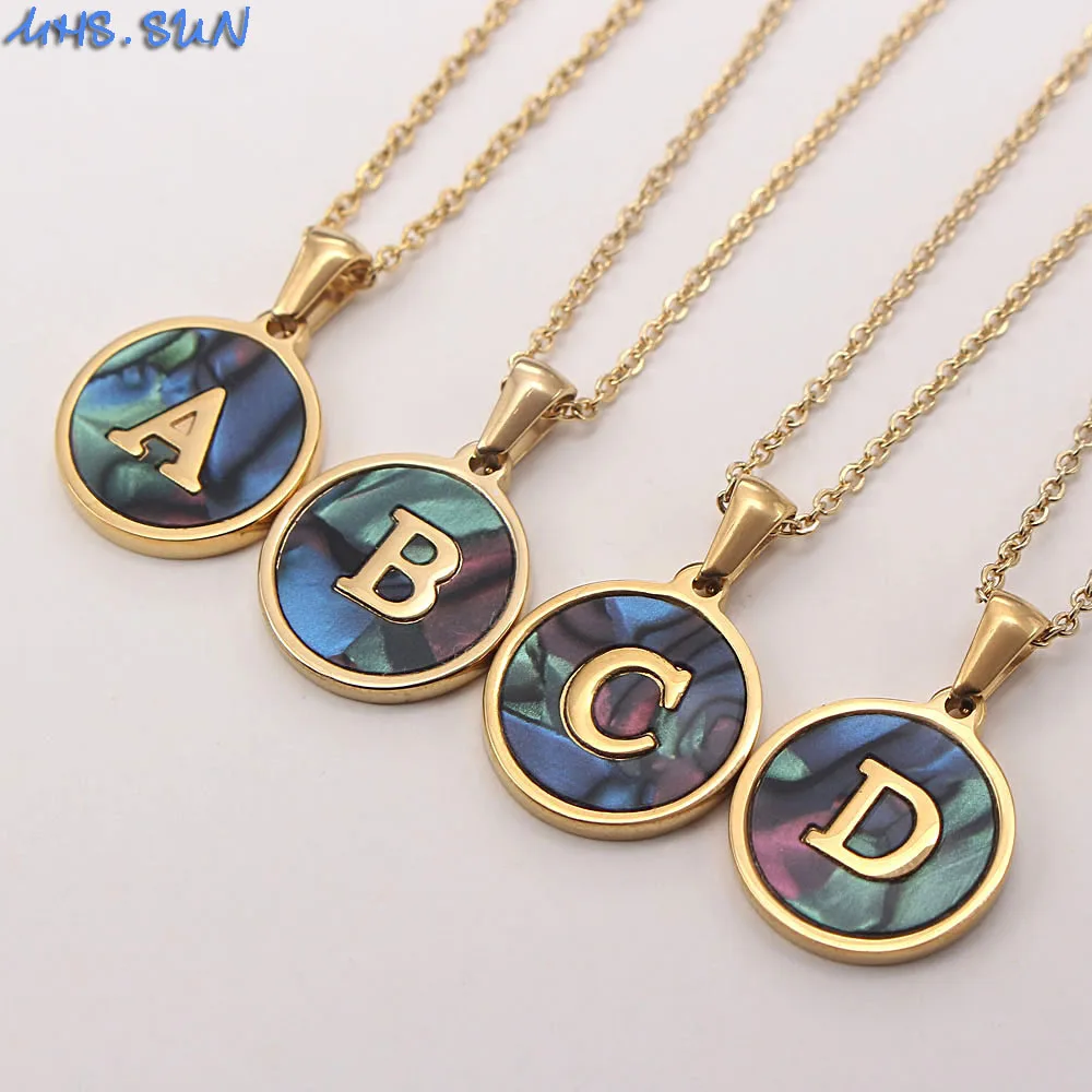 

MHS.SUN 26 Letter Fashion Stainless steel Chain Necklace Abalone Shell Alphabet Pendant Necklace For Women Jewelry 1PC Newest