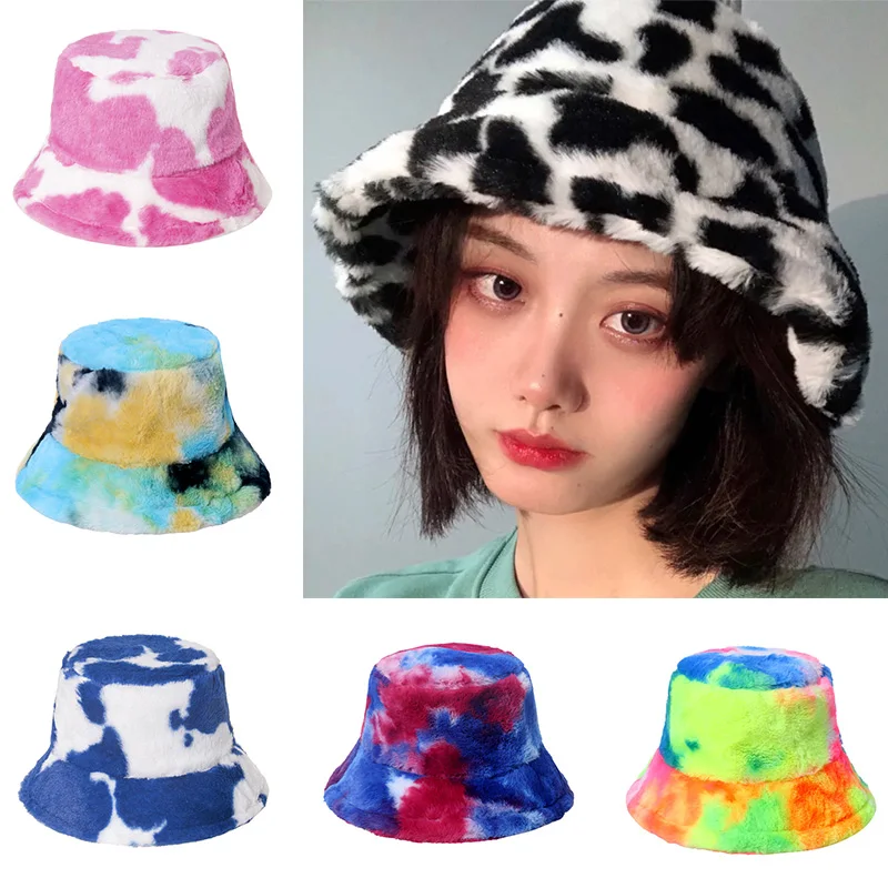 

шапка Plush Bucket Hats Women Winter Warm Fisherman Caps Faux Fur Tie Dye Printed Flat Hat Soft Tourism Outdoor Panama Cap