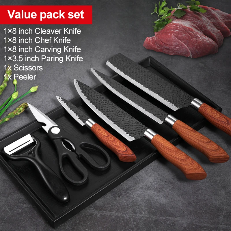 Kitchen Knife Set Stainless Steel 6 Pcs Forged Chef Knife Scissors Ceramic Peeler Carving Paring Knife Cleaver Knives Gift Case