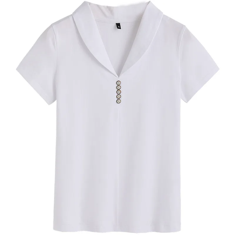 

2021 Spring And Summer Short-Sleeved T-Shirt Women's Fashion All-Match Korean Style Slim Top Button V-Neck Ins Super Fire 692