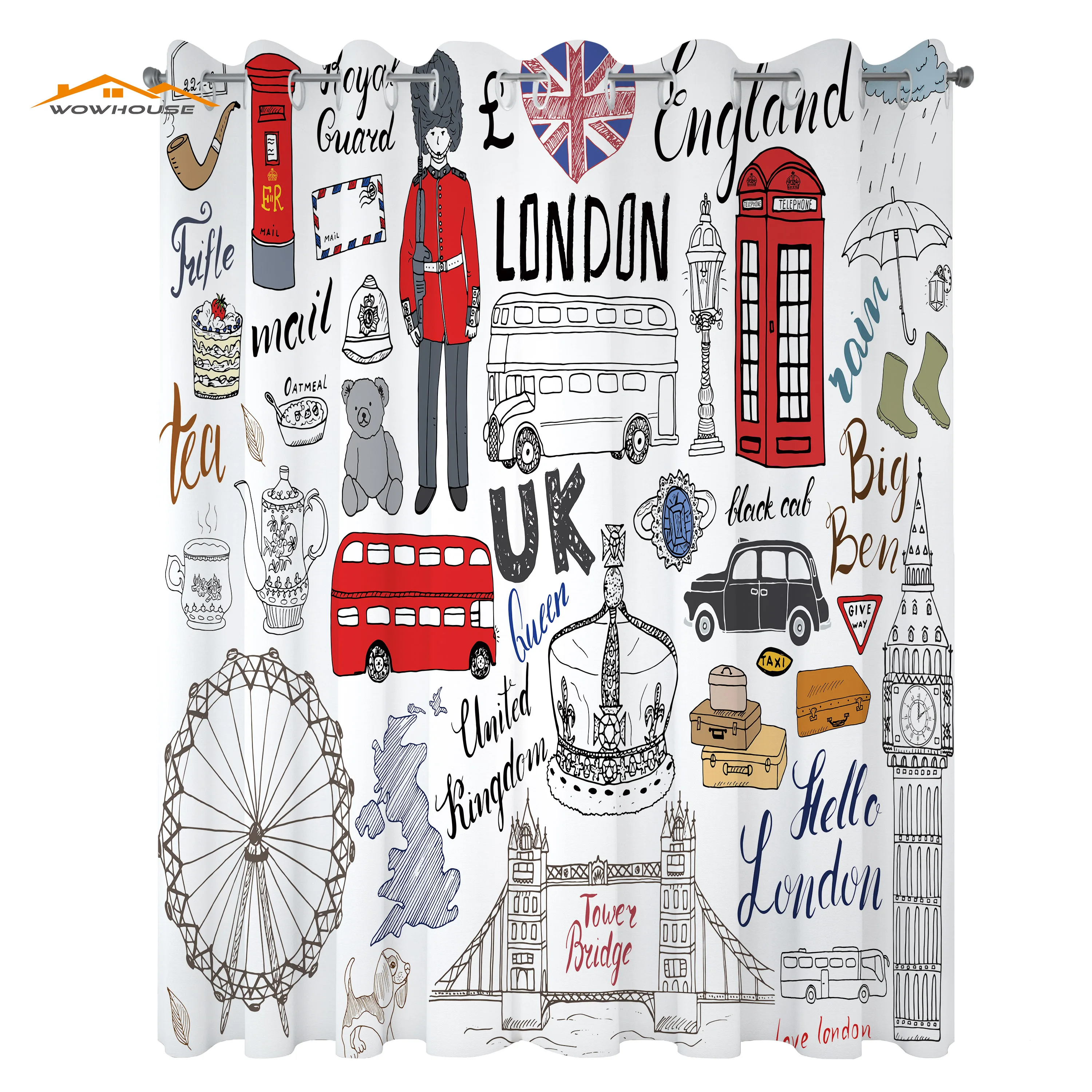 Хипстерская занавеска двухслойная телефонная будка с лондонским автобусом