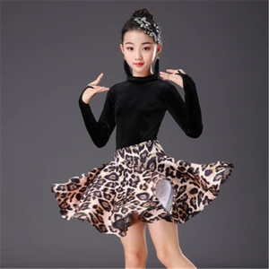 Леопардовое платье с бахромой для девочек для латинских танцев детский вечерний комплект из топа с длинными рукавами и юбки для выступлений на сцене