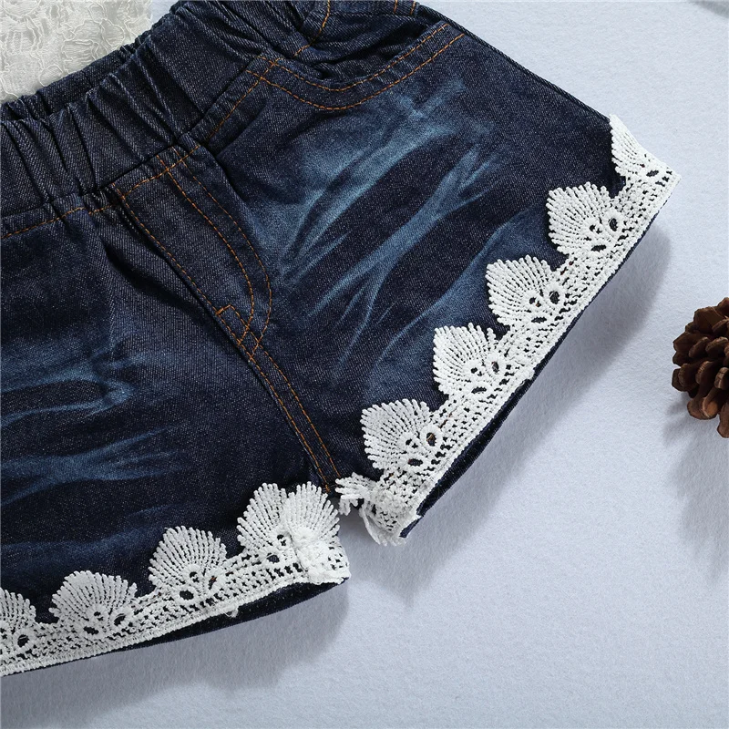 

2 Pcs Baby Girls Summer Outfits, Off-shoulder Floral Lace Boat Neck Short Sleeve Romper + Solid Color Jeans with Pockets