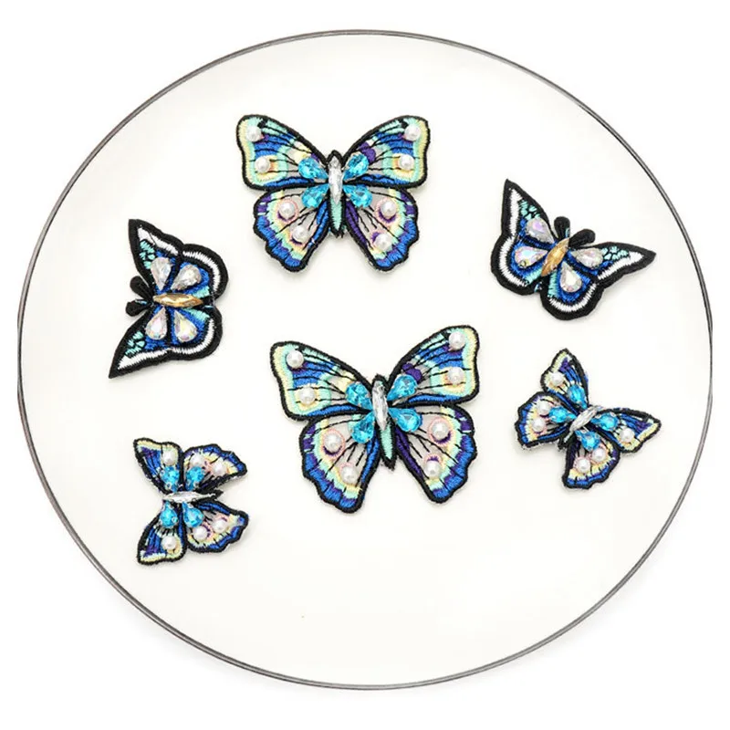 1 шт. нашивка с бусинами и бабочкой аппликация Синие Бабочки нашивки для одежды