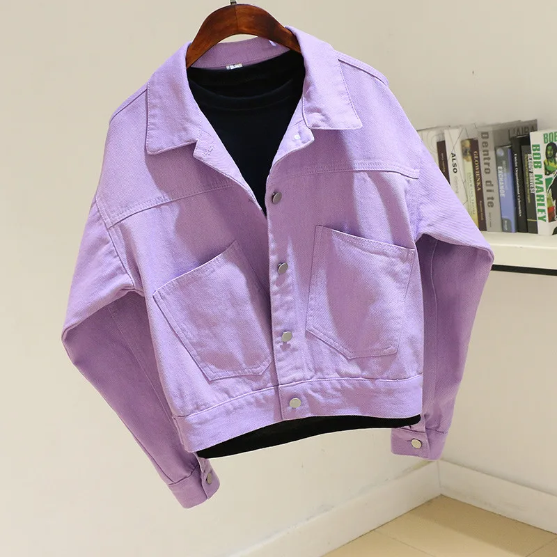 

Purple Denim Jacket Women Loose Short Student Outwear Chaqueta Mujer Fashion Big Pocket Batwing sleeve Jeans Jackets Coat Female