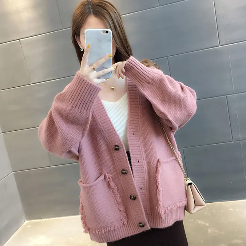 

Women Cardigan Casual Knitted Jacket Autumn Winter 2021 V-Neck Pink Loose Basic Cardigans Sweater Plus Size Female Knitwear Coat